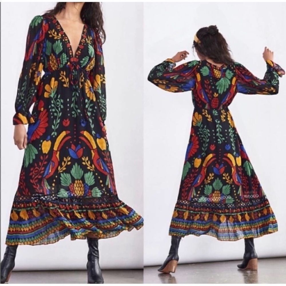 Farm Rio Georgette Black Floral Print Maxi Dress